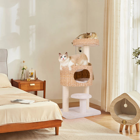 Modern Cat Tower with Hanging Toy and Anti-tipping Device-Natural