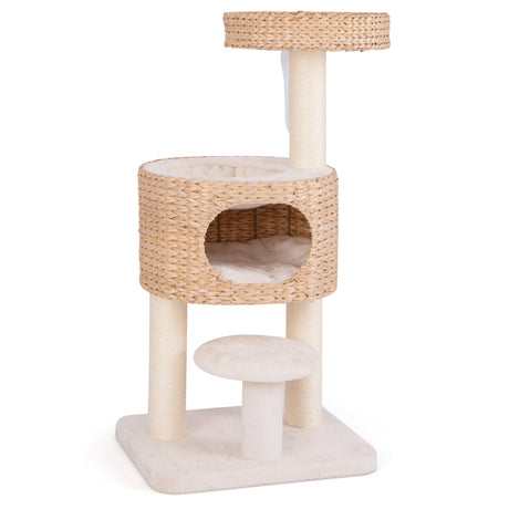 Modern Cat Tower with Hanging Toy and Anti-tipping Device-Natural