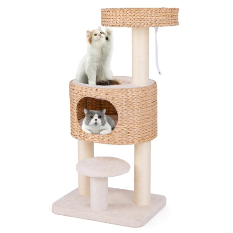 Modern Cat Tower with Hanging Toy and Anti-tipping Device-Natural
