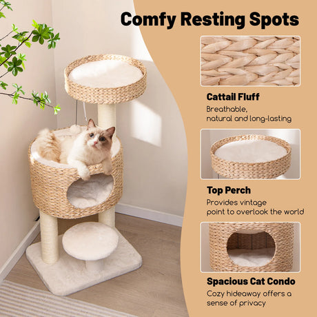 Modern Cat Tower with Hanging Toy and Anti-tipping Device-Natural