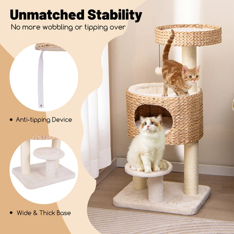 Modern Cat Tower with Hanging Toy and Anti-tipping Device-Natural