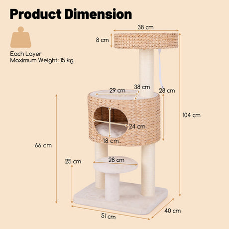 Modern Cat Tower with Hanging Toy and Anti-tipping Device-Natural