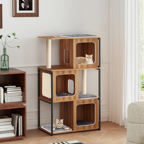 2 in 1 Scratching Post Cat House 3 Floors Cat Tree with Removable Cushion &amp; Cat Cave