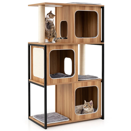 2 in 1 Scratching Post Cat House 3 Floors Cat Tree with Removable Cushion &amp; Cat Cave