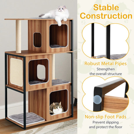 2 in 1 Scratching Post Cat House 3 Floors Cat Tree with Removable Cushion &amp; Cat Cave