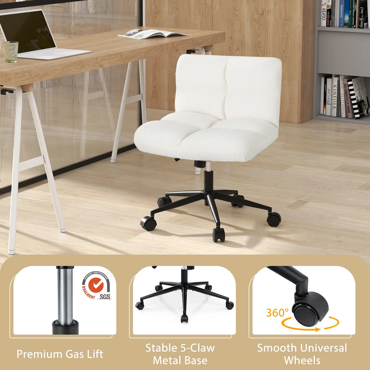 Cross Legged Chair with Wheels with Padded Seat Adjustable Height for Bedroom Study-Beige