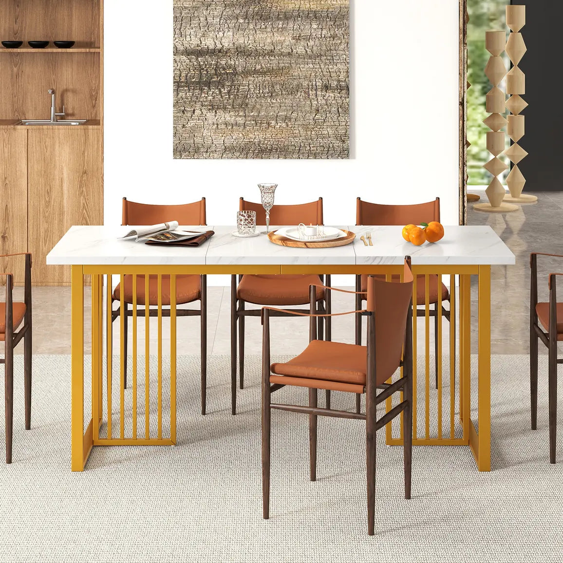 Modern Dining Table for 6-8 People with Faux Marble Tabletop-White