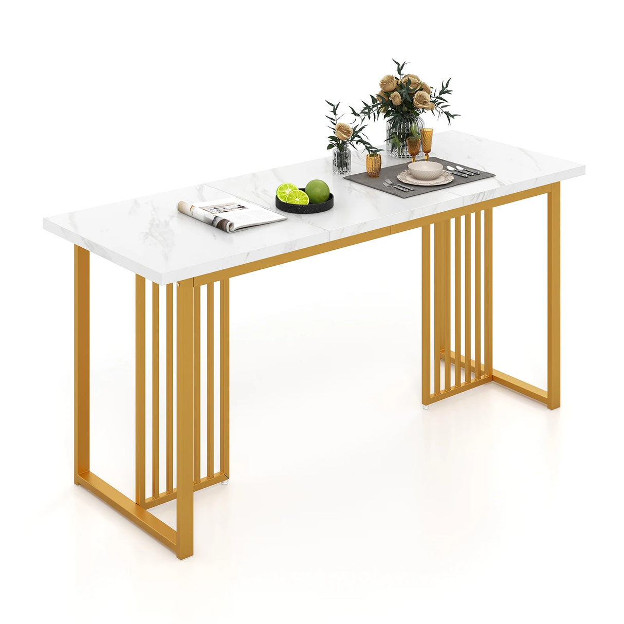 Modern Dining Table for 6-8 People with Faux Marble Tabletop-White