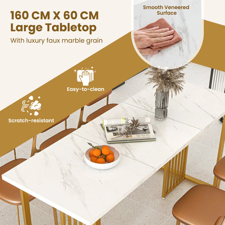 Modern Dining Table for 6-8 People with Faux Marble Tabletop-White