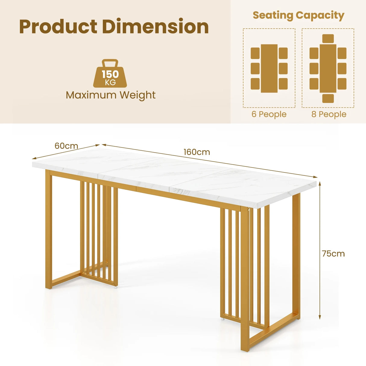 Modern Dining Table for 6-8 People with Faux Marble Tabletop-White
