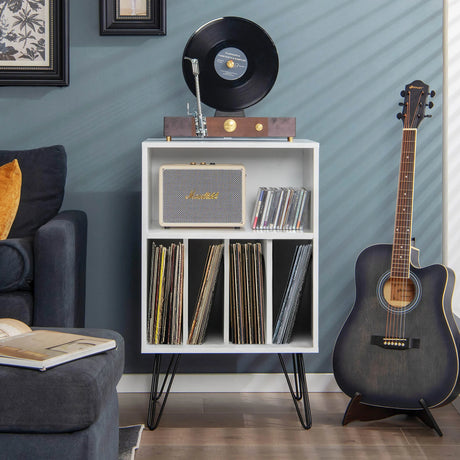Record Player Stand with 5 Open Compartments for Living Room &amp; Bedroom-White