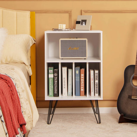 Record Player Stand with 5 Open Compartments for Living Room &amp; Bedroom-White