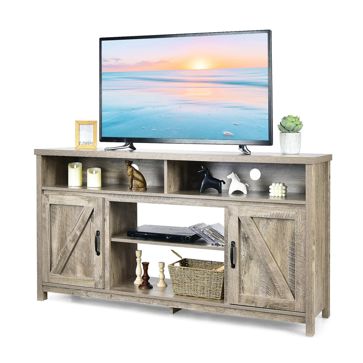 59 Inch TV Stand Media Center Console Cabinet with Barn Door for TV's 65 Inch-Natural