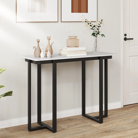Modern Faux Marble Entryway Console Table with Geometric Metal Frame-Black