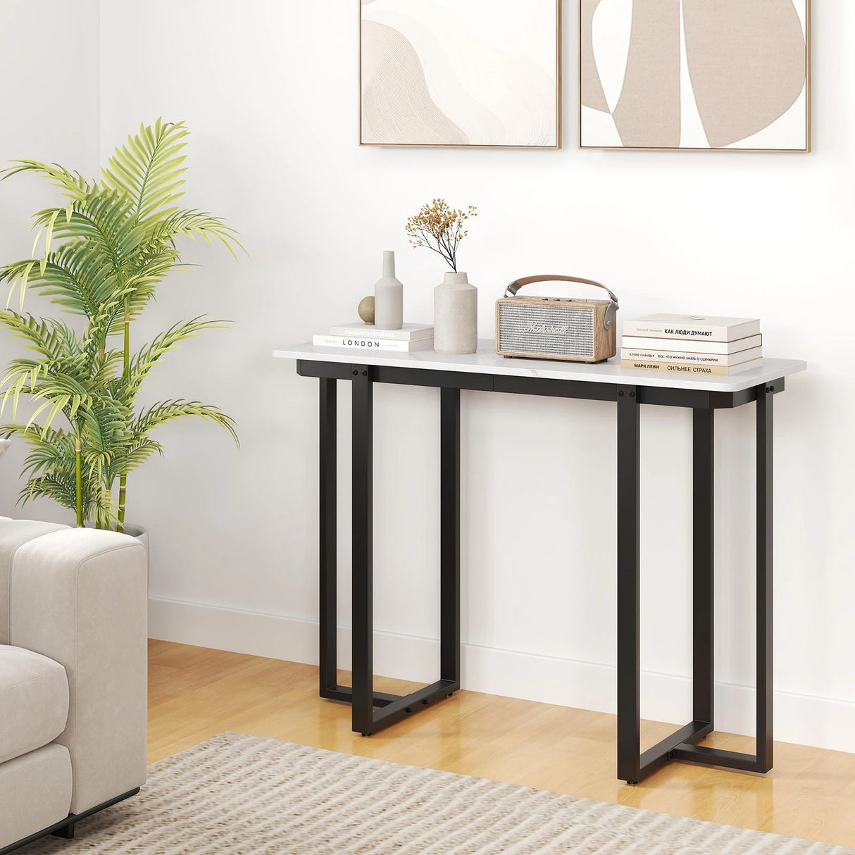 Modern Faux Marble Entryway Console Table with Geometric Metal Frame-Black