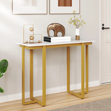 Modern Faux Marble Entryway Console Table with Geometric Metal Frame-White