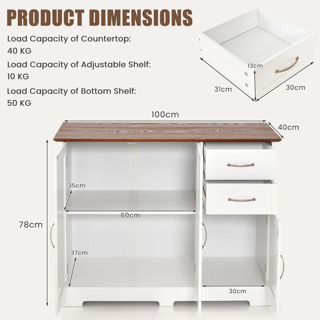 Sideboard with worktop &amp; doors &amp; drawers &amp; adjustable shelves kitchen cabinet white
