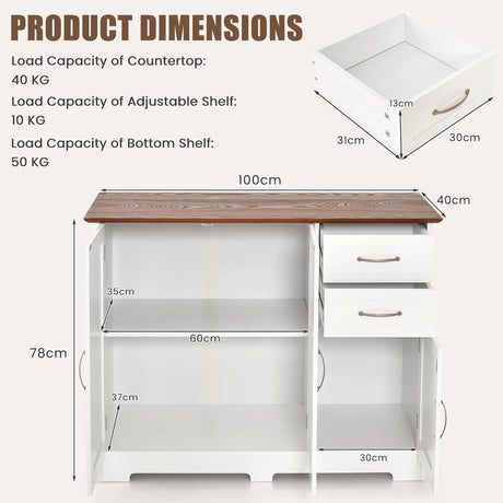 Sideboard with worktop &amp; doors &amp; drawers &amp; adjustable shelves kitchen cabinet white