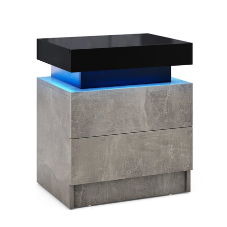 Modern Nightstand Faux Marble End Table with 2 Drawers and LED Light