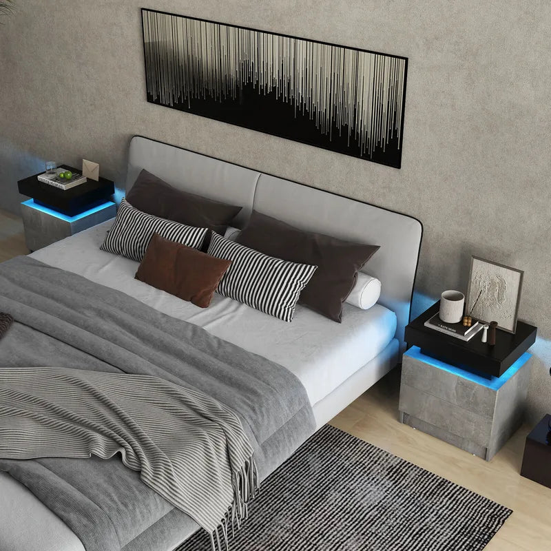 Modern Nightstand Faux Marble End Table with 2 Drawers and LED Light
