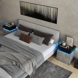 Modern Nightstand Faux Marble End Table with 2 Drawers and LED Light