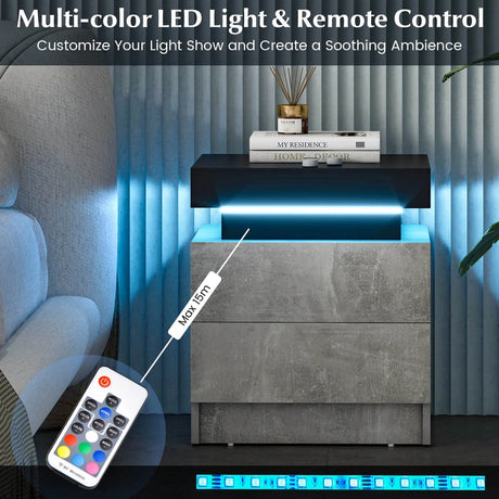 Modern Nightstand Faux Marble End Table with 2 Drawers and LED Light