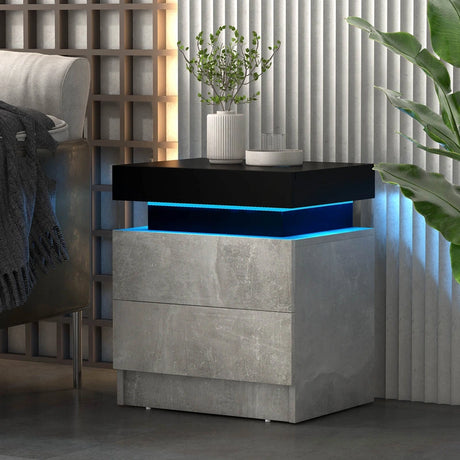 Modern Nightstand Faux Marble End Table with 2 Drawers and LED Light