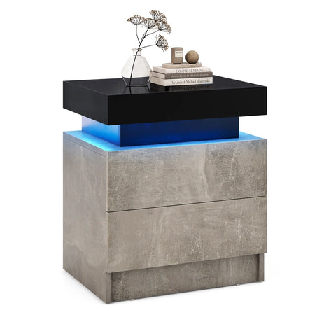 Modern Nightstand Faux Marble End Table with 2 Drawers and LED Light