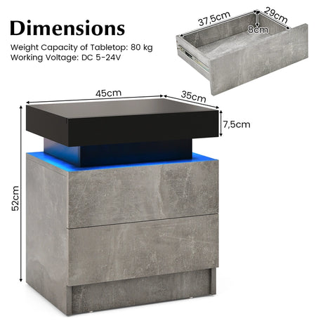 Modern Nightstand Faux Marble End Table with 2 Drawers and LED Light