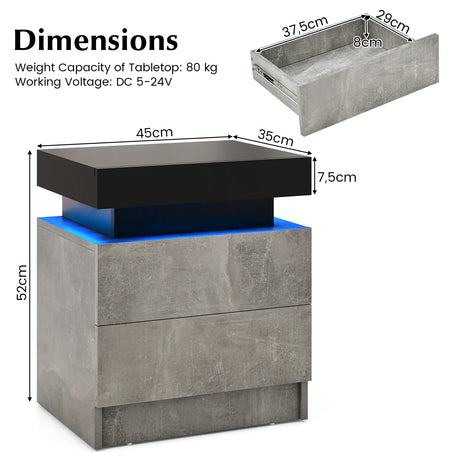 Modern Nightstand Faux Marble End Table with 2 Drawers and LED Light