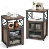 Set of 2 Modern Nightstand with 2 Flip Drawers and Open Shelf-Rustic Brown
