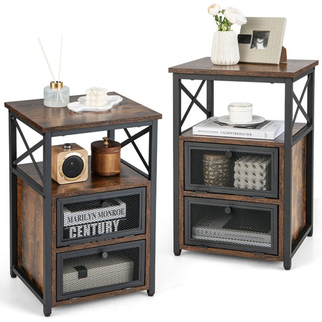 Set of 2 Modern Nightstand with 2 Flip Drawers and Open Shelf-Rustic Brown