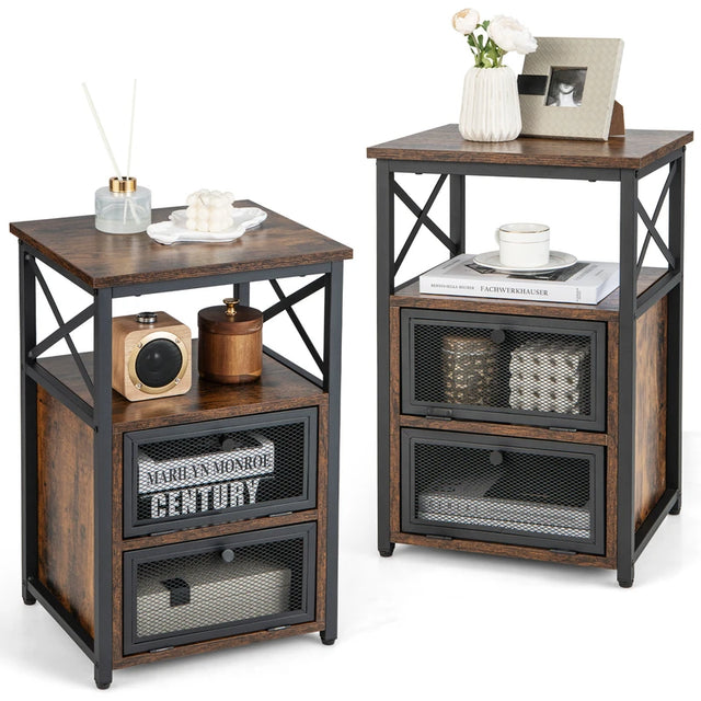 Set of 2 Modern Nightstand with 2 Flip Drawers and Open Shelf-Rustic Brown