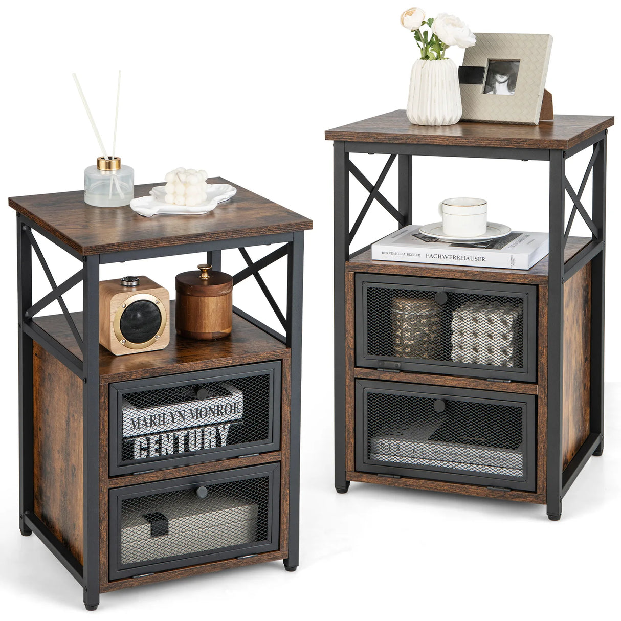 Set of 2 Modern Nightstand with 2 Flip Drawers and Open Shelf-Rustic Brown
