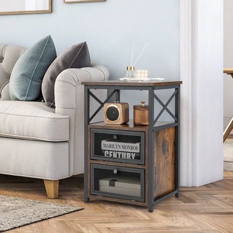 Set of 2 Modern Nightstand with 2 Flip Drawers and Open Shelf-Rustic Brown