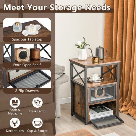 Set of 2 Modern Nightstand with 2 Flip Drawers and Open Shelf-Rustic Brown
