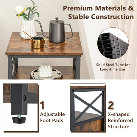 Set of 2 Modern Nightstand with 2 Flip Drawers and Open Shelf-Rustic Brown
