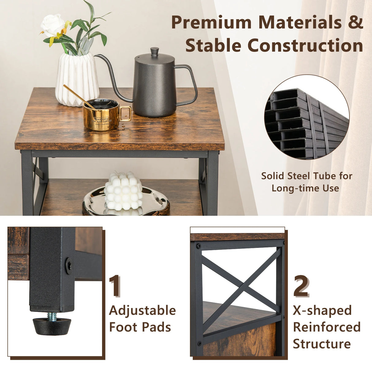 Set of 2 Modern Nightstand with 2 Flip Drawers and Open Shelf-Rustic Brown