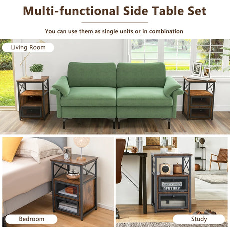 Set of 2 Modern Nightstand with 2 Flip Drawers and Open Shelf-Rustic Brown