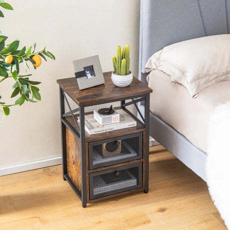 Set of 2 Modern Nightstand with 2 Flip Drawers and Open Shelf-Rustic Brown
