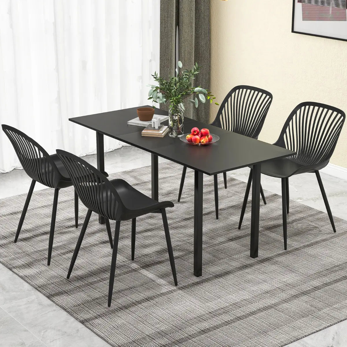 Plastic Dining Chair Set of 4 with Metal Legs and Cutout Backrest-Black