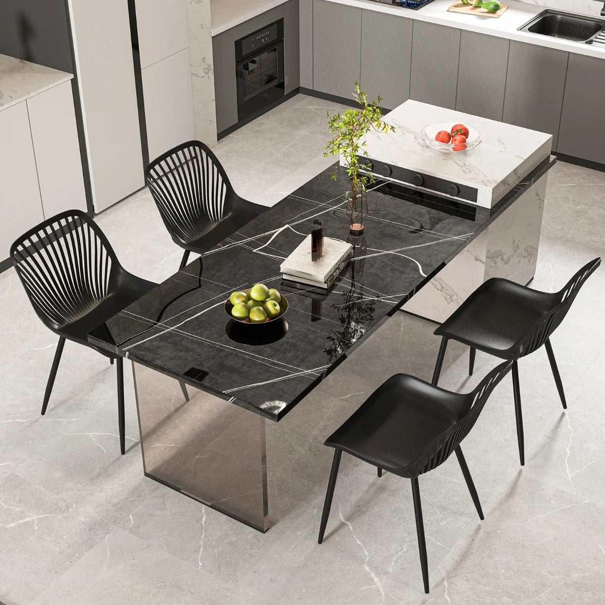 Plastic Dining Chair Set of 4 with Metal Legs and Cutout Backrest-Black