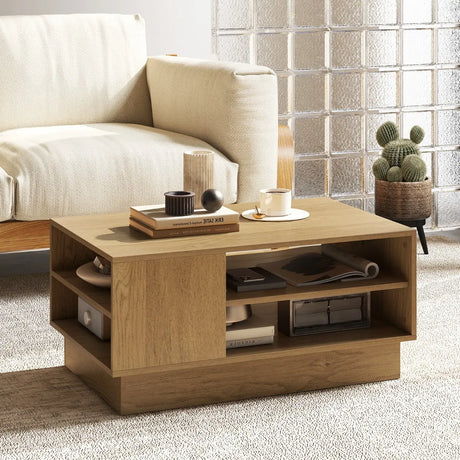 Wooden coffee table with storage space &amp; open compartments living room table side table sofa table natural