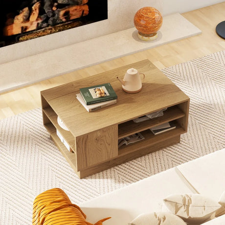 Wooden coffee table with storage space &amp; open compartments living room table side table sofa table natural