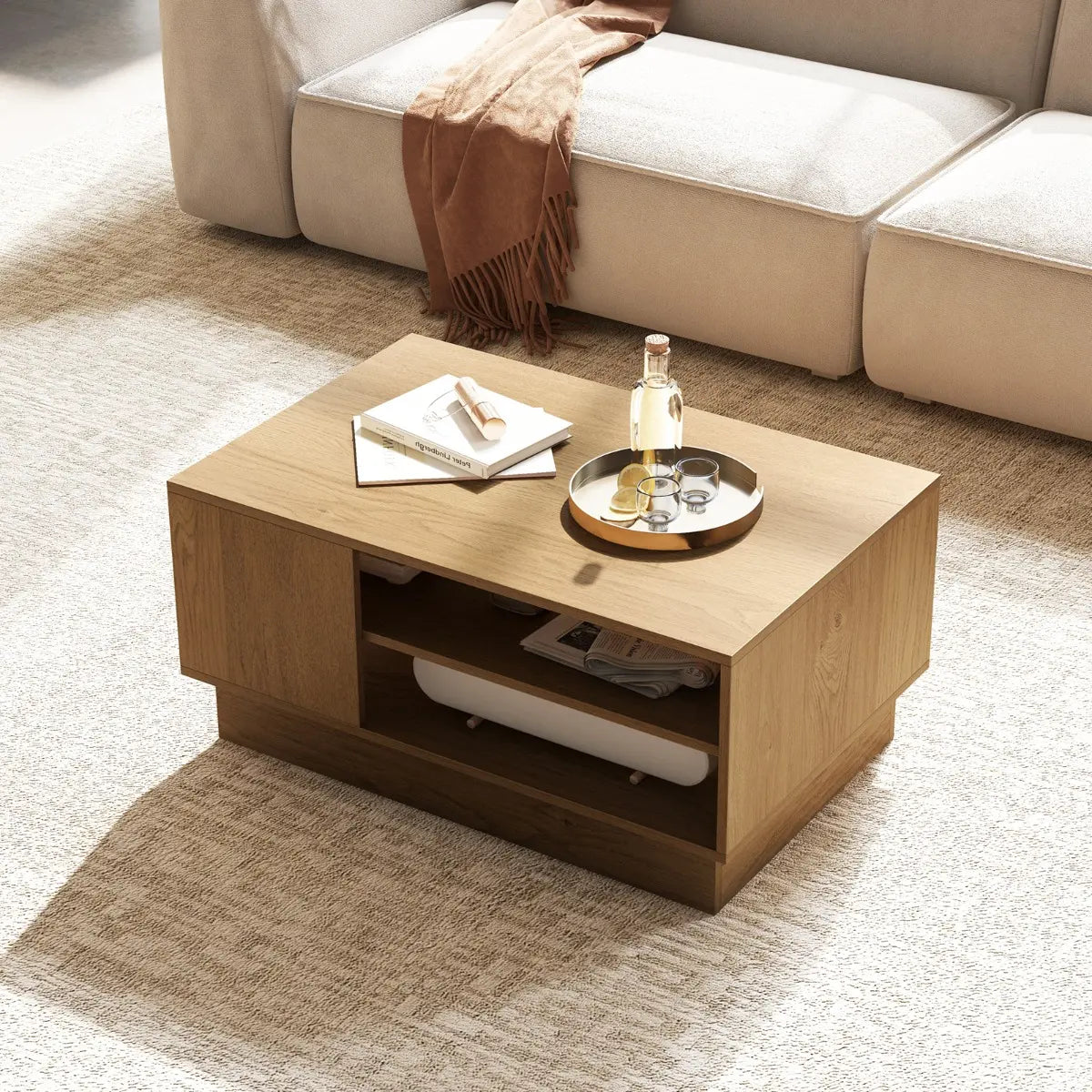 Wooden coffee table with storage space &amp; open compartments living room table side table sofa table natural