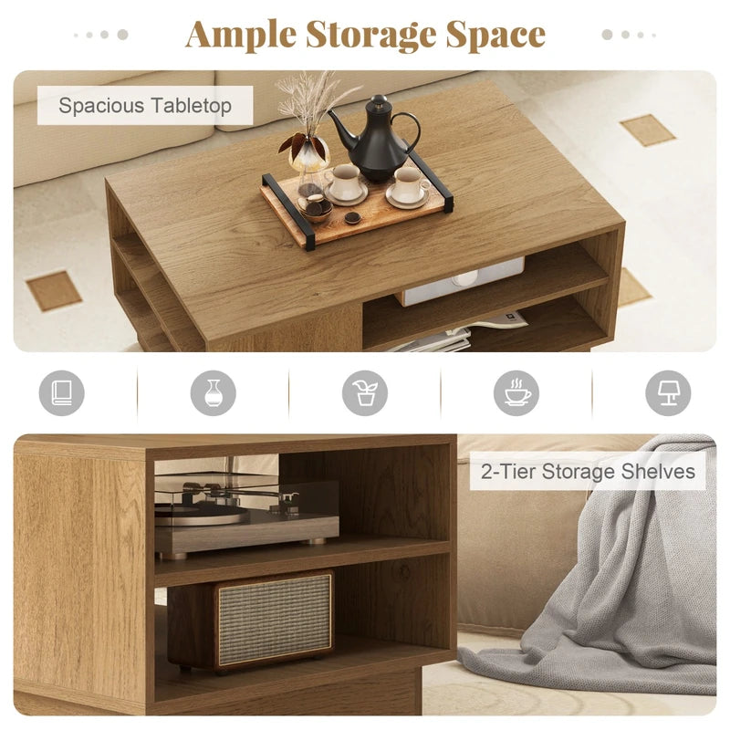 Wooden coffee table with storage space &amp; open compartments living room table side table sofa table natural