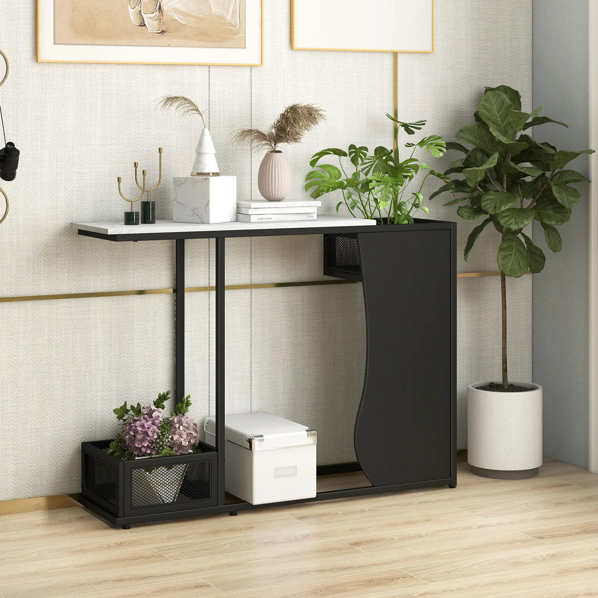43.5 Inch Console Table with Plant Position and Faux Marble Top-Black