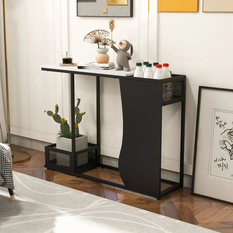 43.5 Inch Console Table with Plant Position and Faux Marble Top-Black