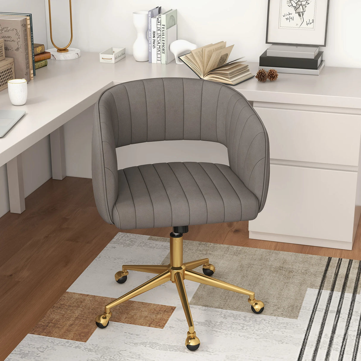 Velvet Home Office Chair with Tufted Back and Rolling Wheels-Grey