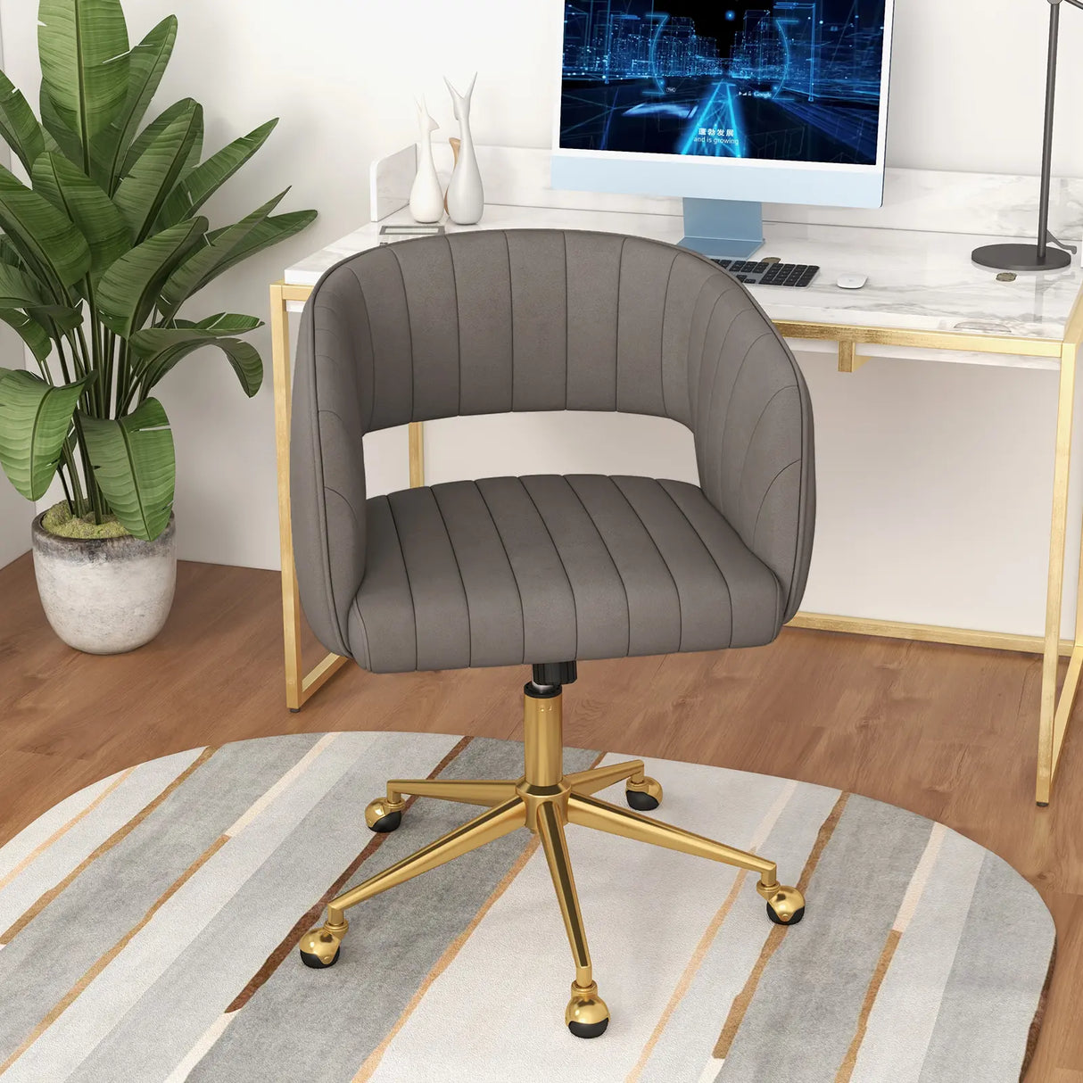 Velvet Home Office Chair with Tufted Back and Rolling Wheels-Grey